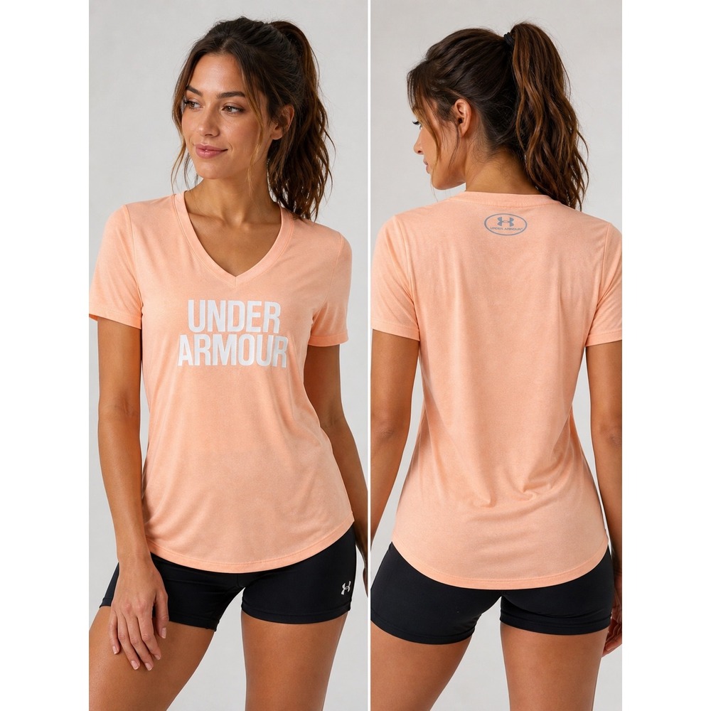 Under Armour T-Shirt Womens Small‎ Peach Good HeatGear V-Neck Graphic Logo Loose